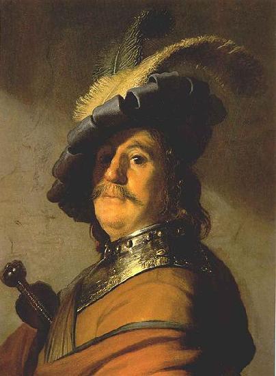 Rembrandt van rijn Bust of a man in a gorget and a feathered beret.